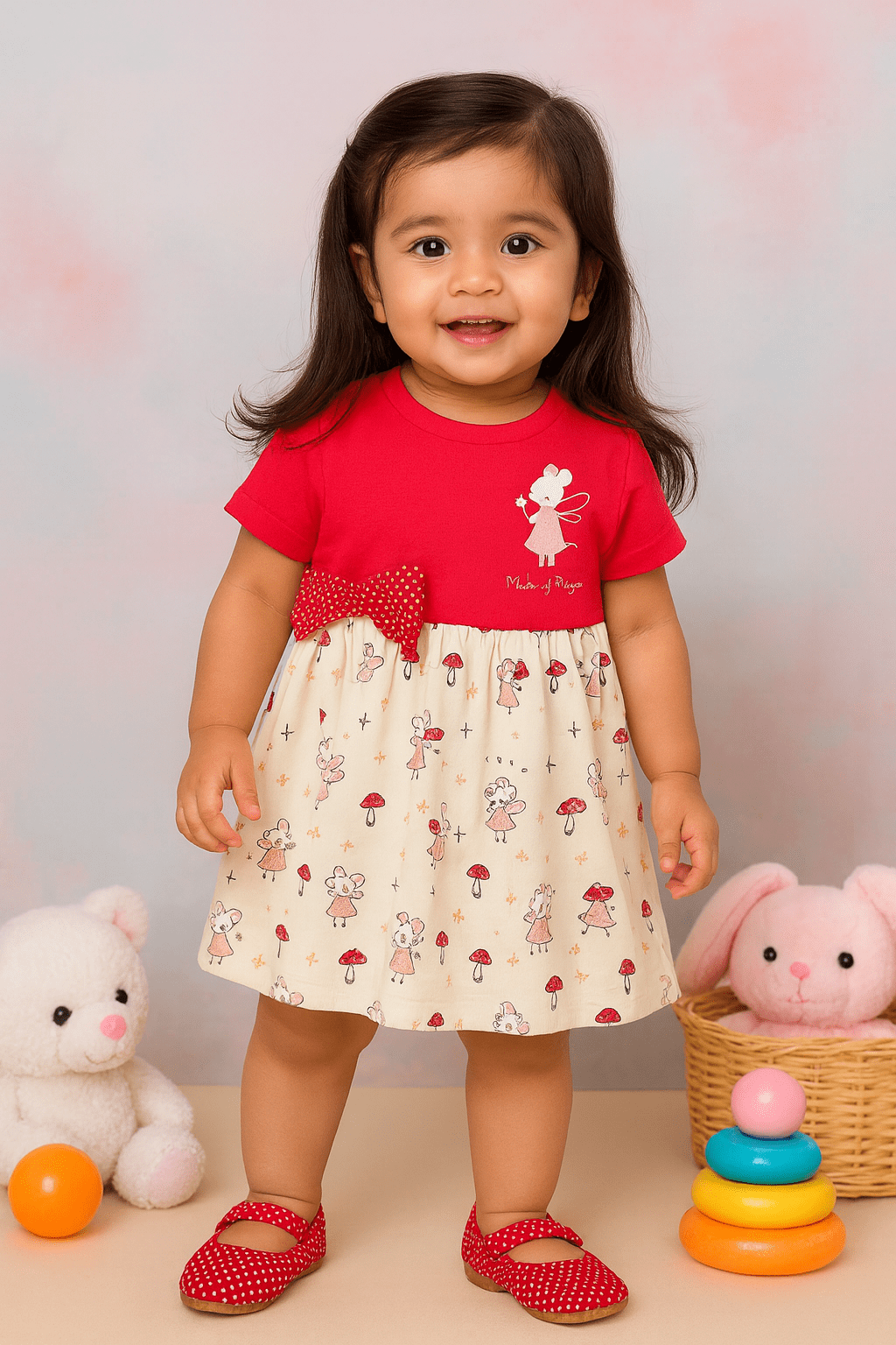 Frock For Girls | Half Sleeves | Mouse Print | 100% Cotton | Red