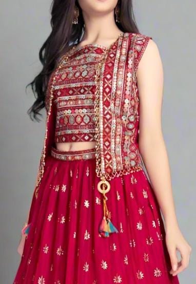 Red Lehenga with Sleeves Jacket For Girls