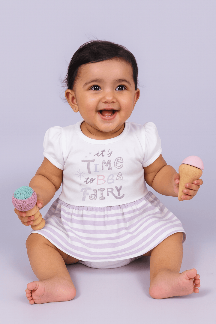 Striped White Frock For Girls