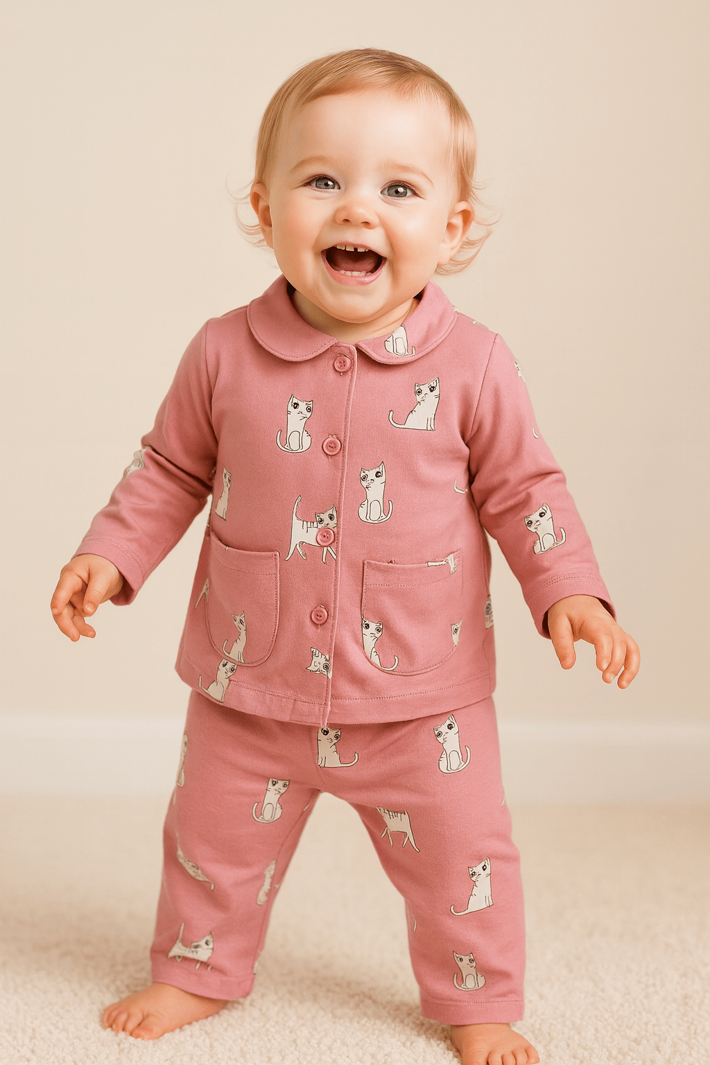 Night Suit For Baby Girls | Cat Print | Pink