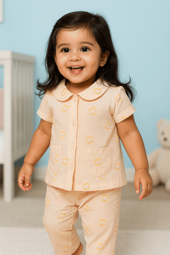 Beige Teddy Sinker Girls's Half Sleeve Sleepwear Set | Front Open